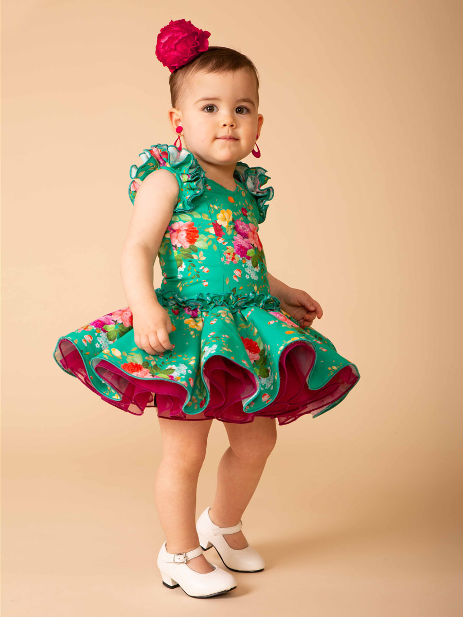 Vestido de flamenca niña corto verde de flores | AIRES DE FERIA